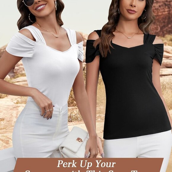 Cold Shoulder Tops Summer Tunic Shirts for Women T Shirts V Neck Short Sleeve Ca - Picture 3 of 4